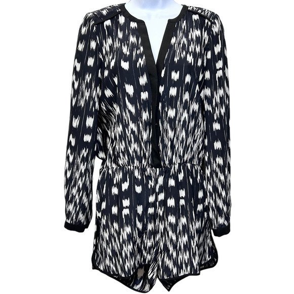 Parker Long Sleeve V Neck Shorts 100% Silk Romper Black‎ White Women Size Small - Picture 1 of 9